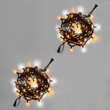 Гирлянда Нить 10 м (5+5) Тепло-Белая с Мерцанием, 100 LED, Чёрный Каучук, IP65, INOX