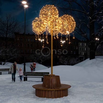 Световая фотозона со скамьёй «Одуванчики» 4,7 м, IP65, золотое свечение