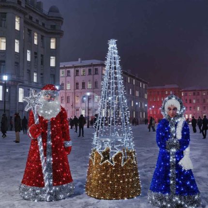 Уличная фотозона «Дед Мороз, Снегурочка и Ёлка», IP65, холодное свечение