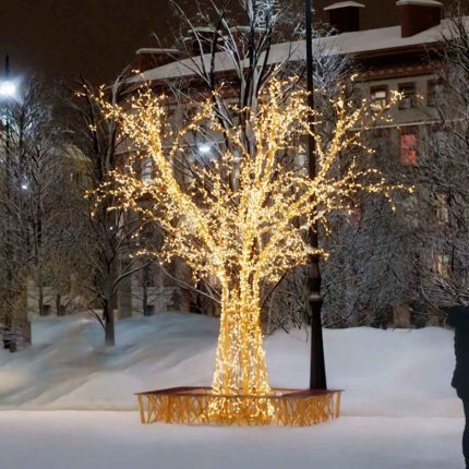 Световое дерево «Ветвистое» со скамейкой, 5,4×5,3×5,4 м, IP65, золотое свечение
