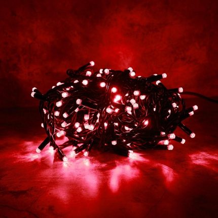 Гирлянда Нить 10 м Красная Статика, 100 LED, Чёрный Каучук, IP65, LEON