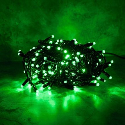 Гирлянда Нить 10 м Зелёная Статика, 100 LED, Чёрный Каучук, IP65, LEON