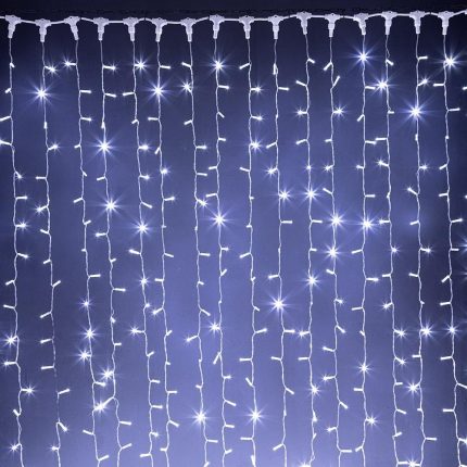 Гирлянда Занавес 2×6 м Белый с Мерцанием 220В, 1200 LED, Провод Прозрачный ПВХ, IP65