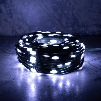 Гирлянда Нить с каплями Росы 30 м Белая с Мерцанием, 300 LED, Зелёный ПВХ, IP44, LEON