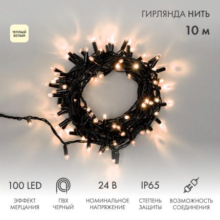 Гирлянда Нить 10 м Тепло-Белая с Мерцанием, 100 LED, Чёрный ПВХ, IP65, 24 В